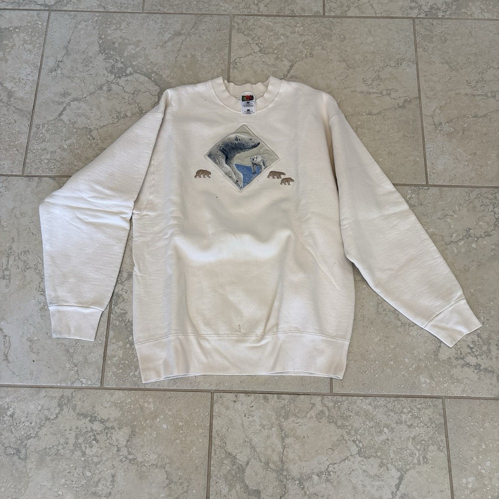 Vintage Fruit Of The Loom Sweatshirt Mens Large Polar Bear Cream White Spots